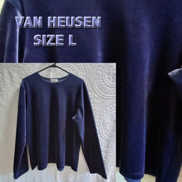 Van Heusen Dark Blue Stretch Velvet Long Sleeved Crew Neck Top Shirt Size LG - Picture 1 of 12